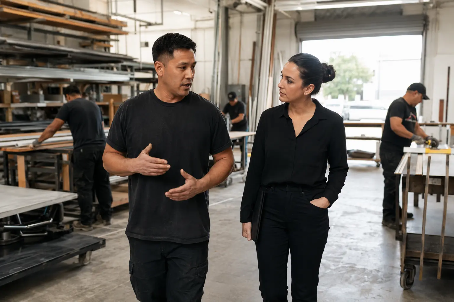 Two colleagues discussing work on a workshop floor