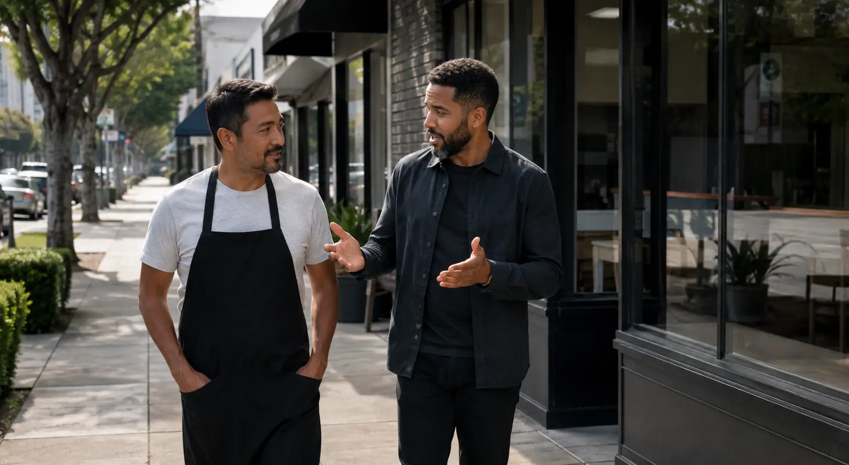 A local business owner having a conversation outside his shop