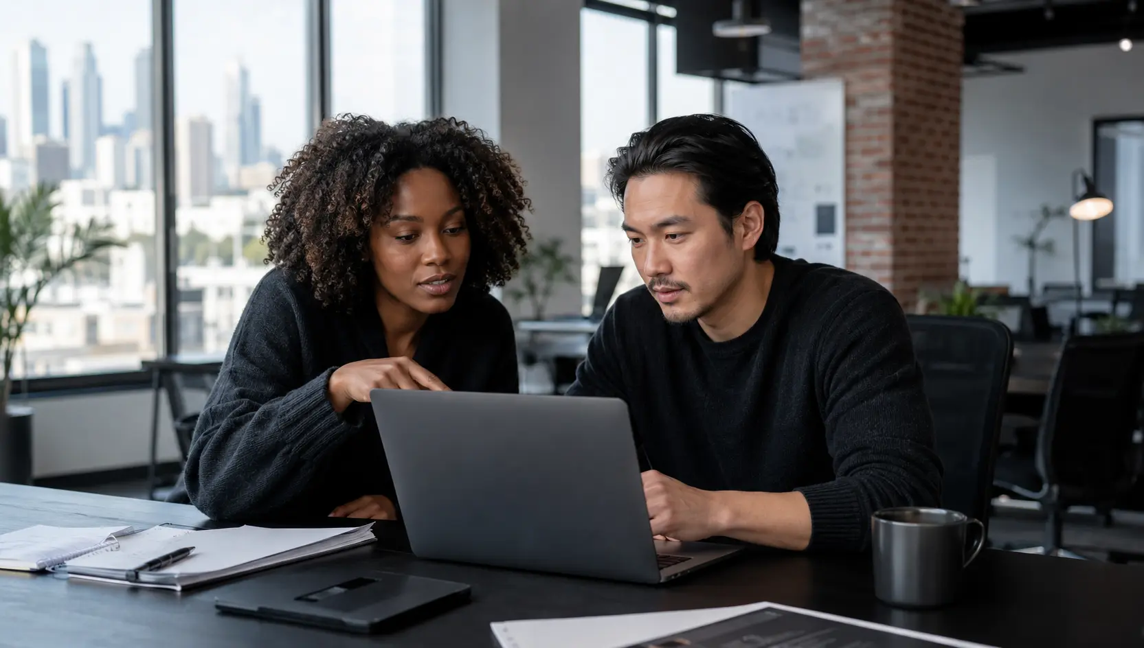 Two professionals reviewing customer information on a laptop