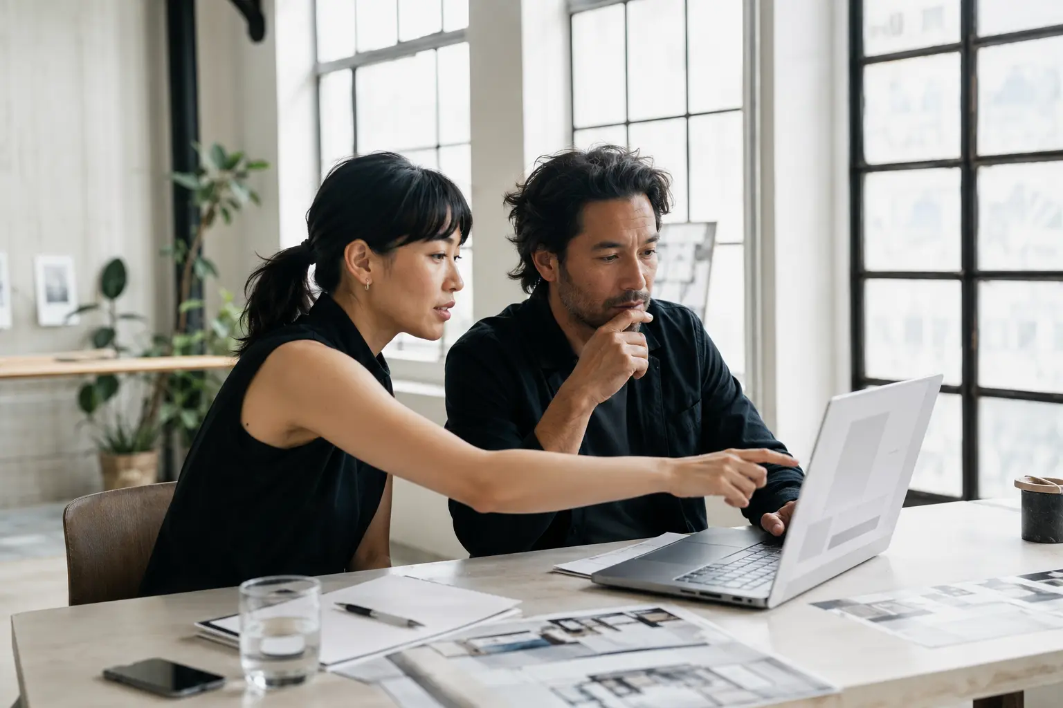Two team members coordinating their work on a laptop